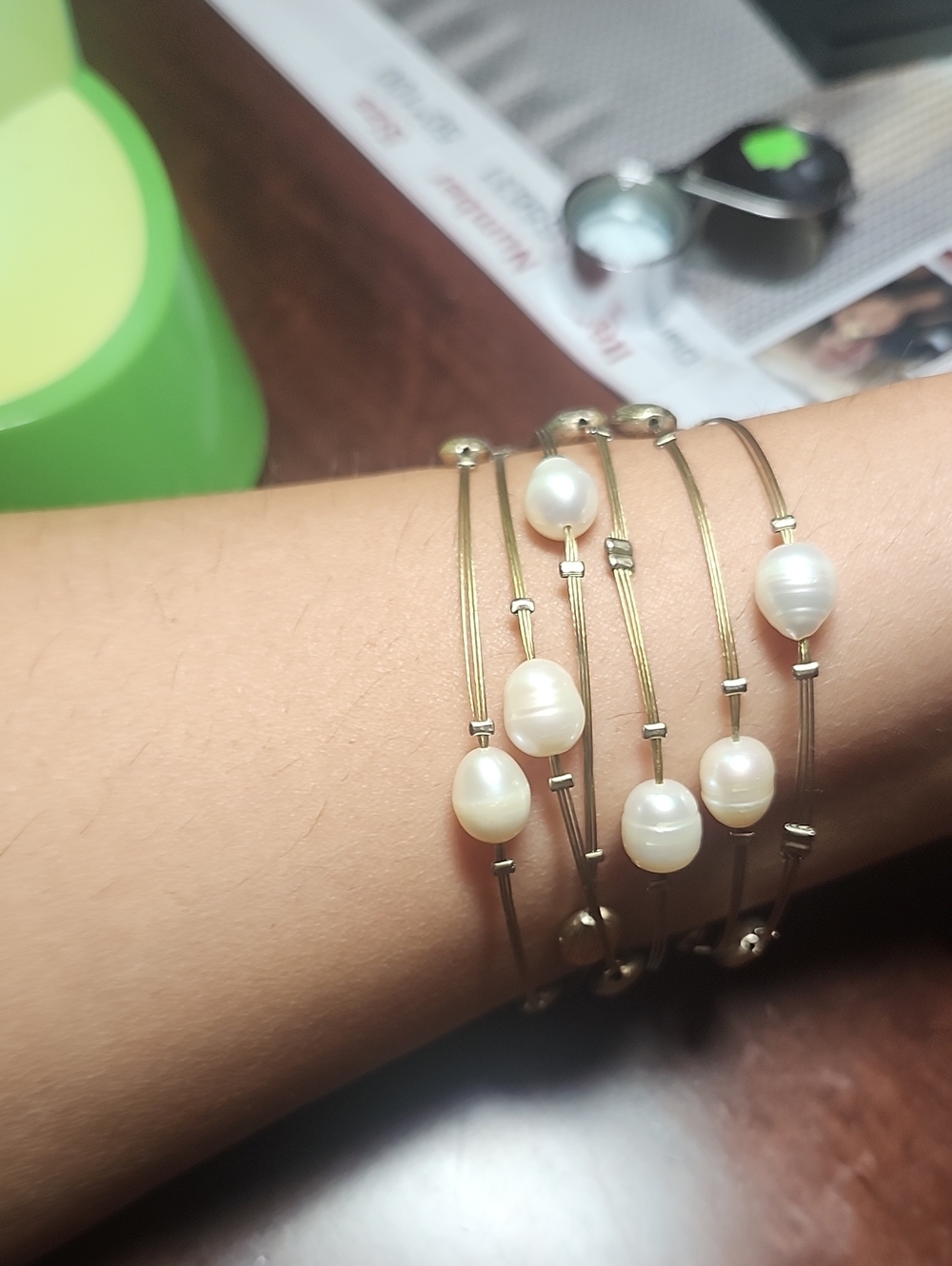 Gold Pearl Multi-Row Bangle Bracelet - White Pearls